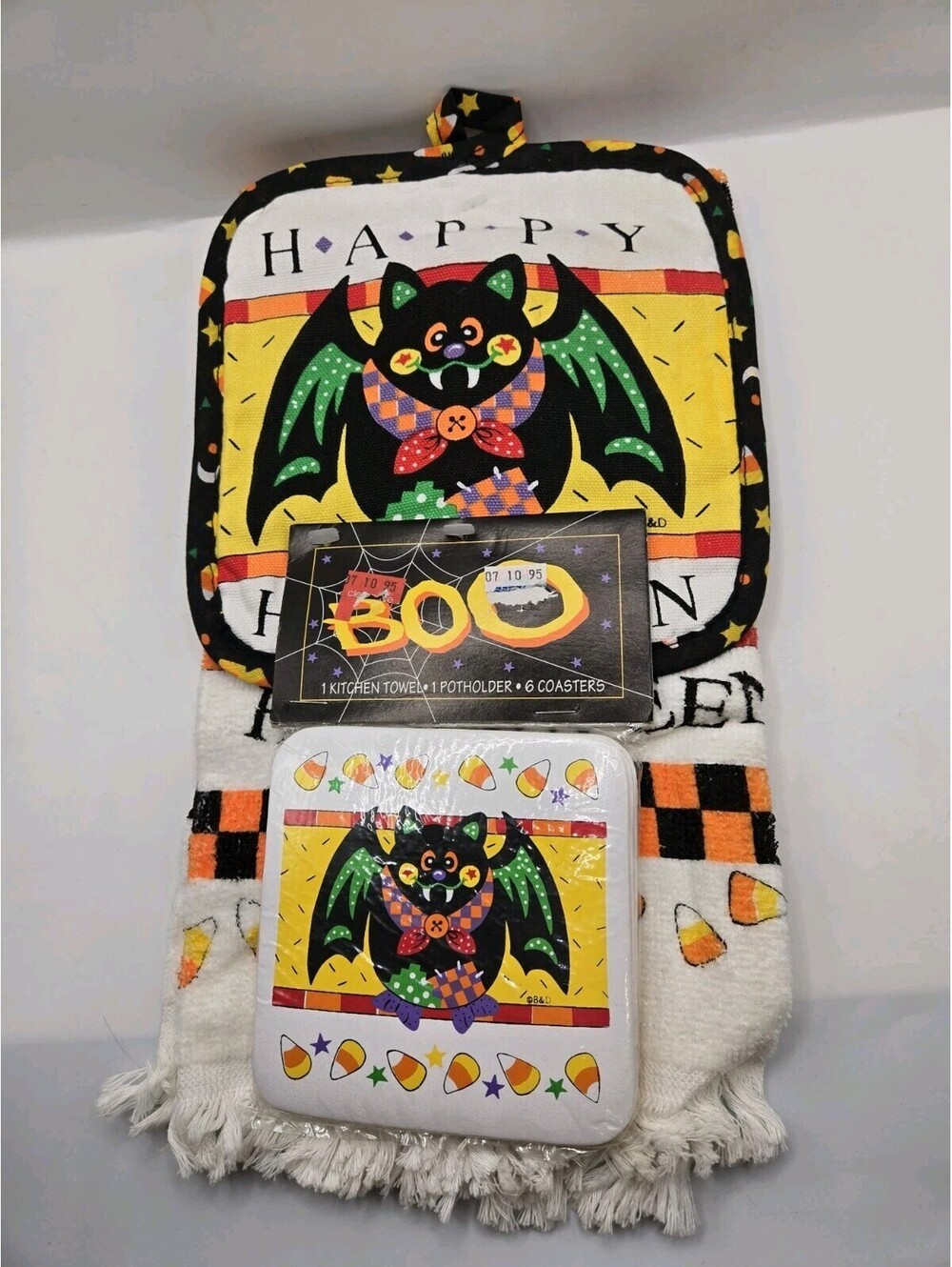 Vintage 90s B&D Halloween Kitchen Towel Potholder Coasters New Sealed Set Bat